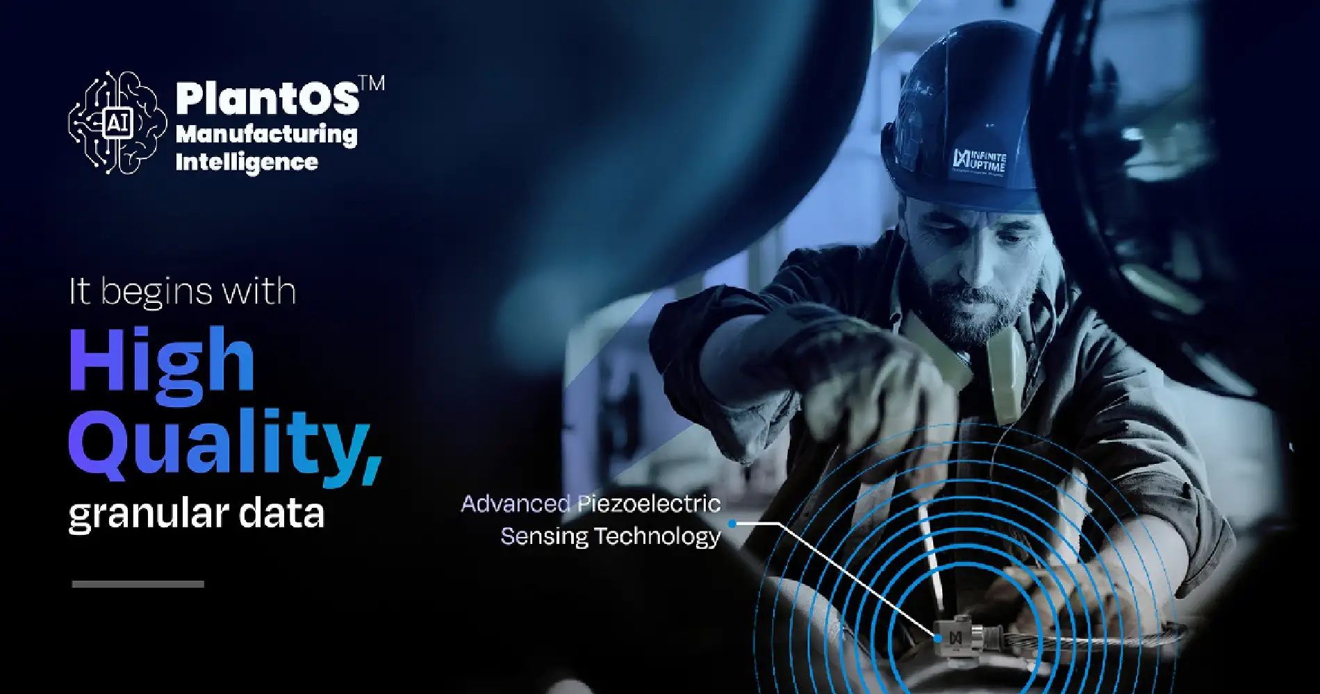 PlantOS Manufacturing Intelligence banner showing an engineer using advanced piezoelectric sensing technology to capture high-quality granular machine data for industrial monitoring and reliability improvement.