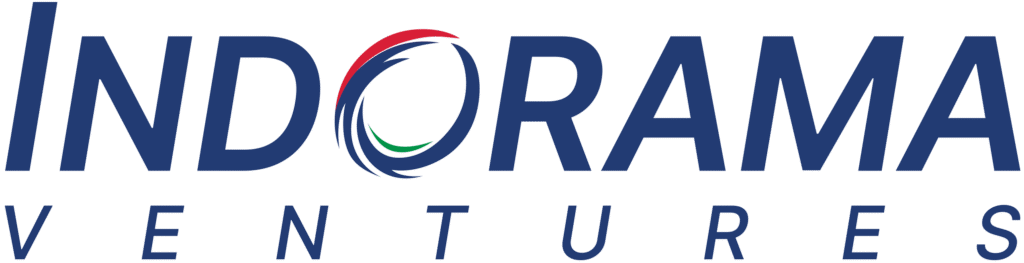 Indorama Ventures logo in dark blue. The word "INDORAMA" is in large, bold letters, where the letter "O" is replaced by a dynamic circular swirl of red, blue, and green lines. Below it, the word "VENTURES" is written in a widely spaced, thinner italicized font.