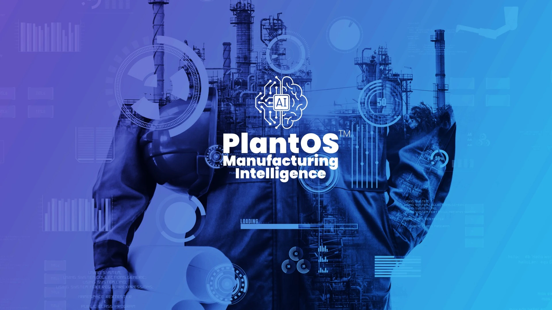 PlantOS™ Manufacturing Intelligence banner showing an industrial engineer with AI-driven analytics, smart factory visuals, and advanced process monitoring technology.