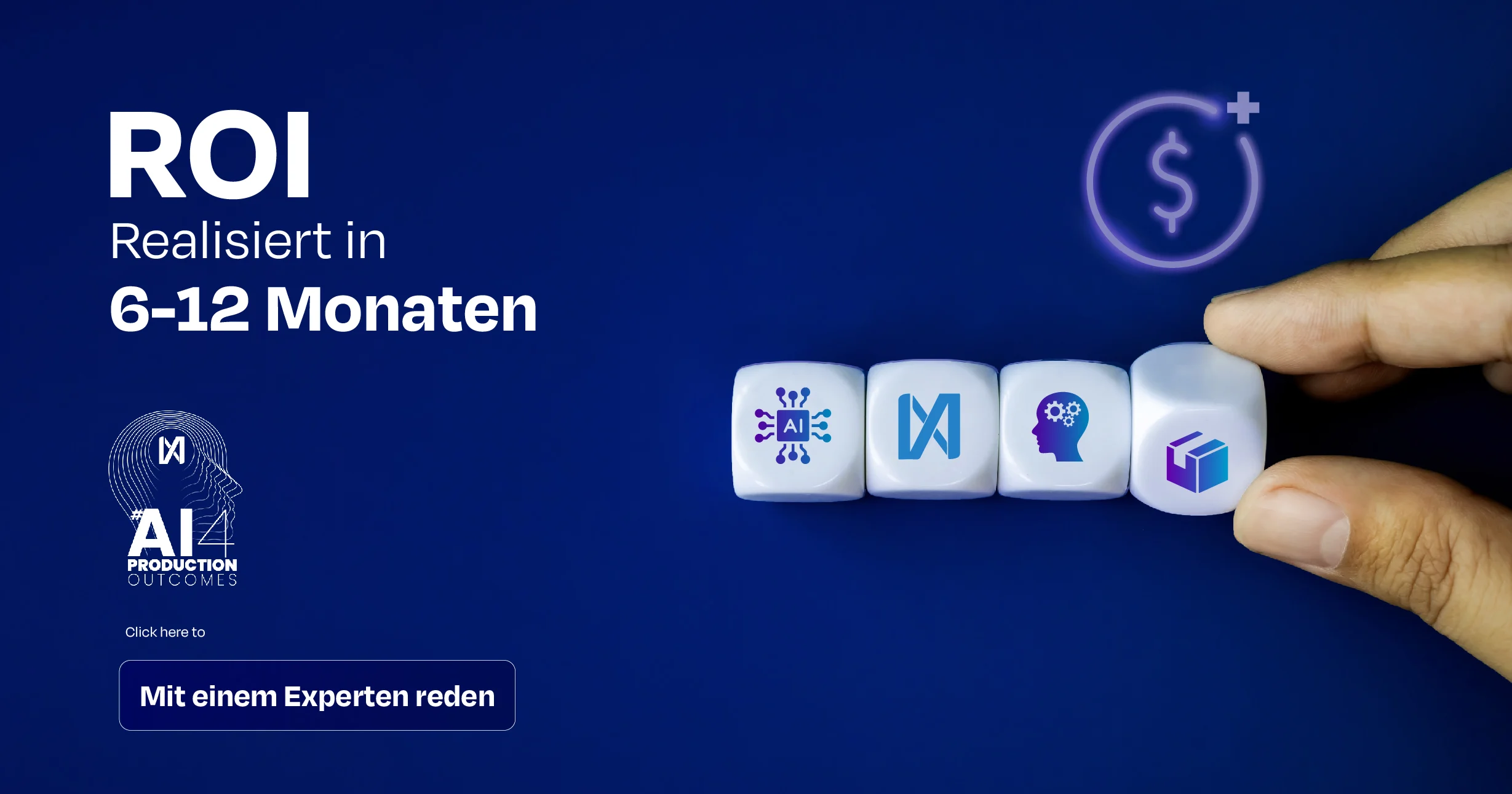 ROI-Banner, das zeigt, wie KI-gestützte industrielle Lösungen Herstellern eine Kapitalrendite innerhalb von 6–12 Monaten ermöglichen – dargestellt durch Symbole für KI, Maschinenintelligenz und operative Ergebnisse.