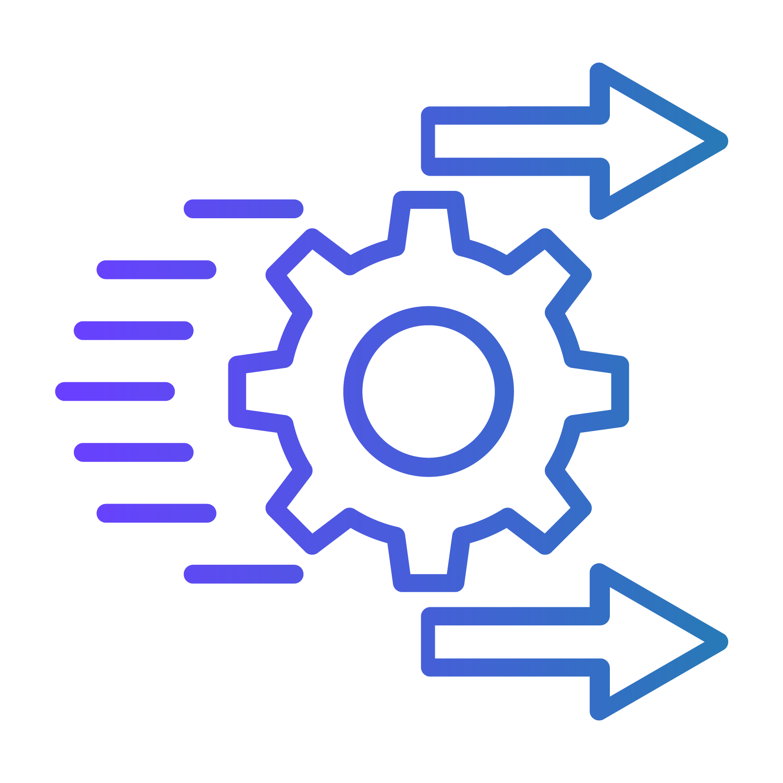 A stylized blue and purple gradient icon representing speed and efficiency. The graphic features a central gear wheel with horizontal "motion lines" trailing behind it to the left, and two right-pointing arrows—one above and one below—indicating forward progress or an optimized process.