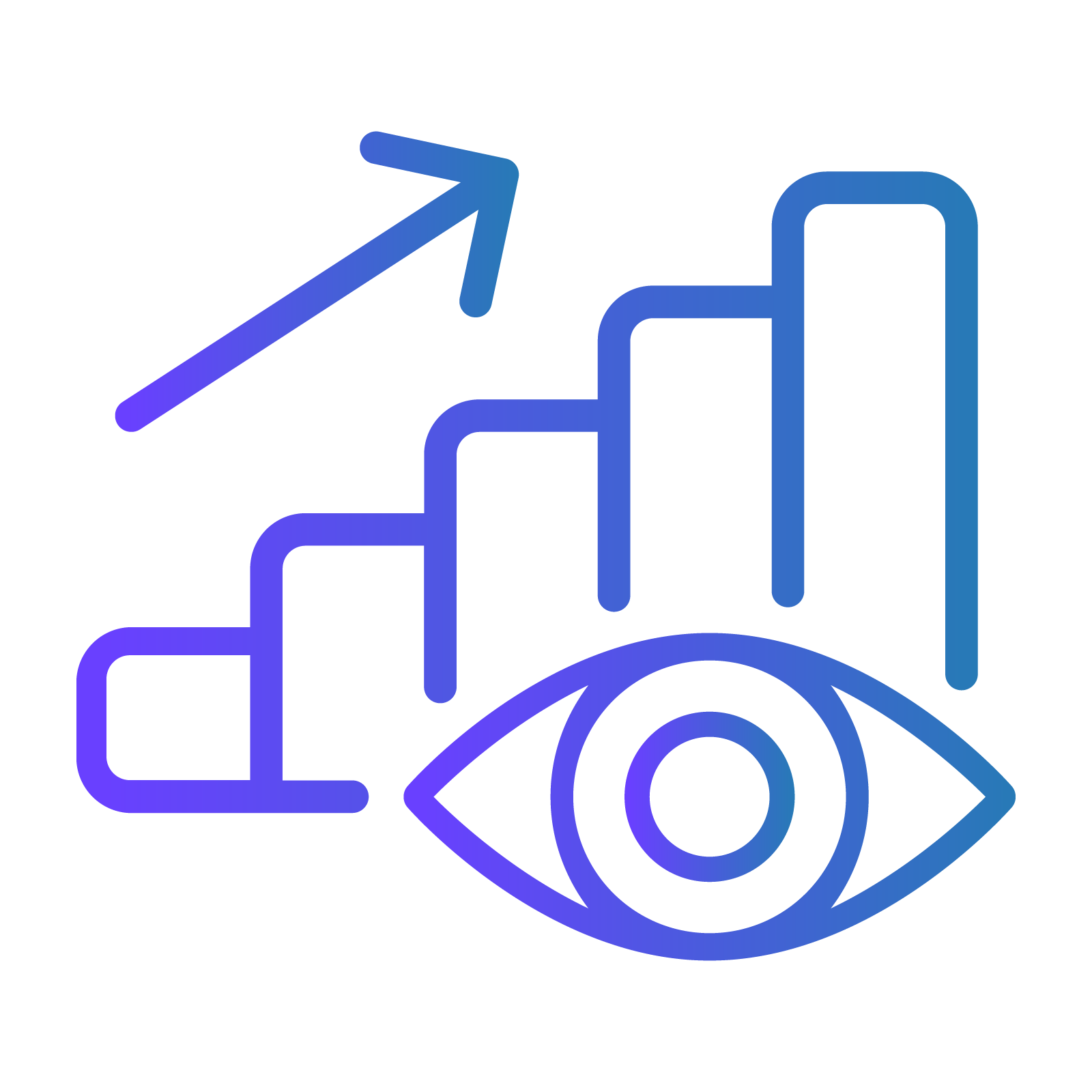 An icon of five vertical bars increasing in height from left to right, accompanied by a diagonal arrow pointing up and to the right. Positioned at the bottom right is a simplified human eye. The entire graphic uses a smooth purple and blue gradient outline on a white background.