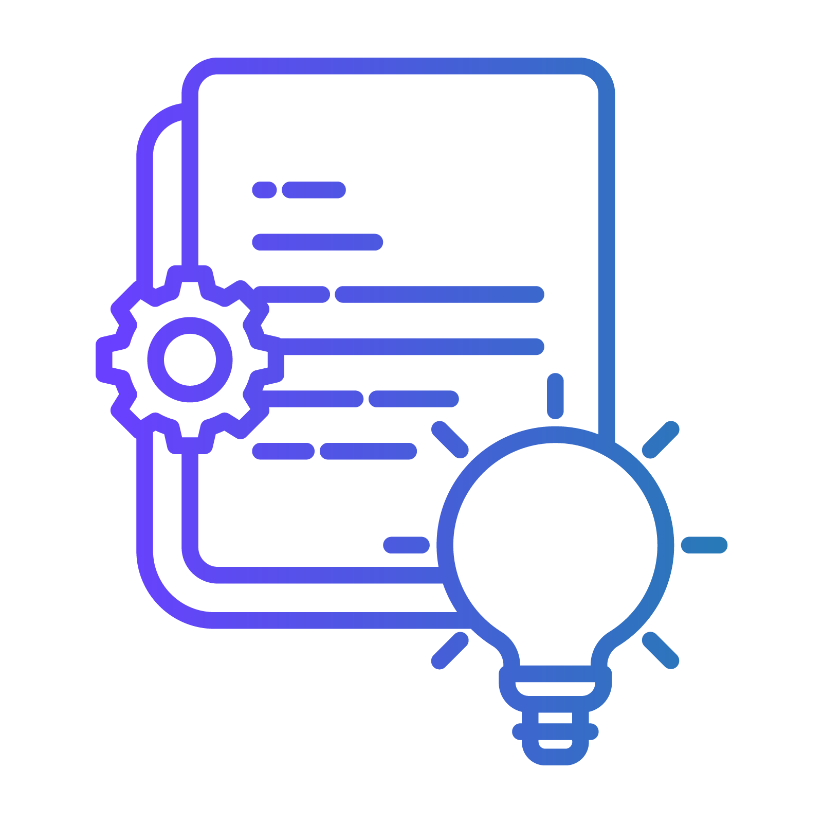 A blue and purple gradient icon representing smart planning or technical strategy. The graphic features a document with a gear wheel on its left edge and a glowing lightbulb in the bottom-right corner. The design uses clean, bold outlines to signify the connection between mechanical processes and creative ideas.