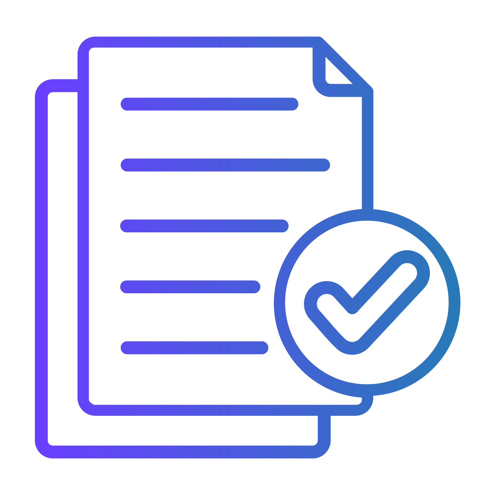 A stylized icon in a blue and purple gradient depicting two stacked documents with a large checkmark inside a circle in the foreground. The graphic represents concepts like "approved," "completed," or "verified documentation.
