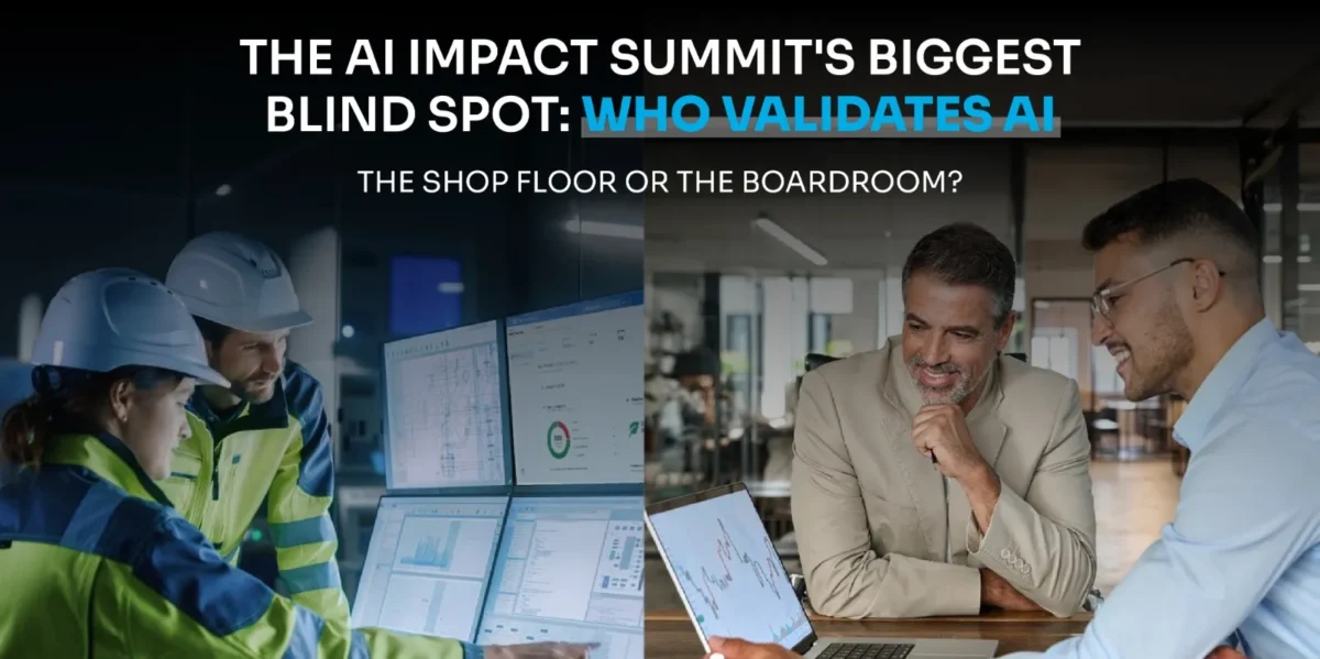 Engineers and executives reviewing AI insights, illustrating who validates AI—shop floor or boardroom.