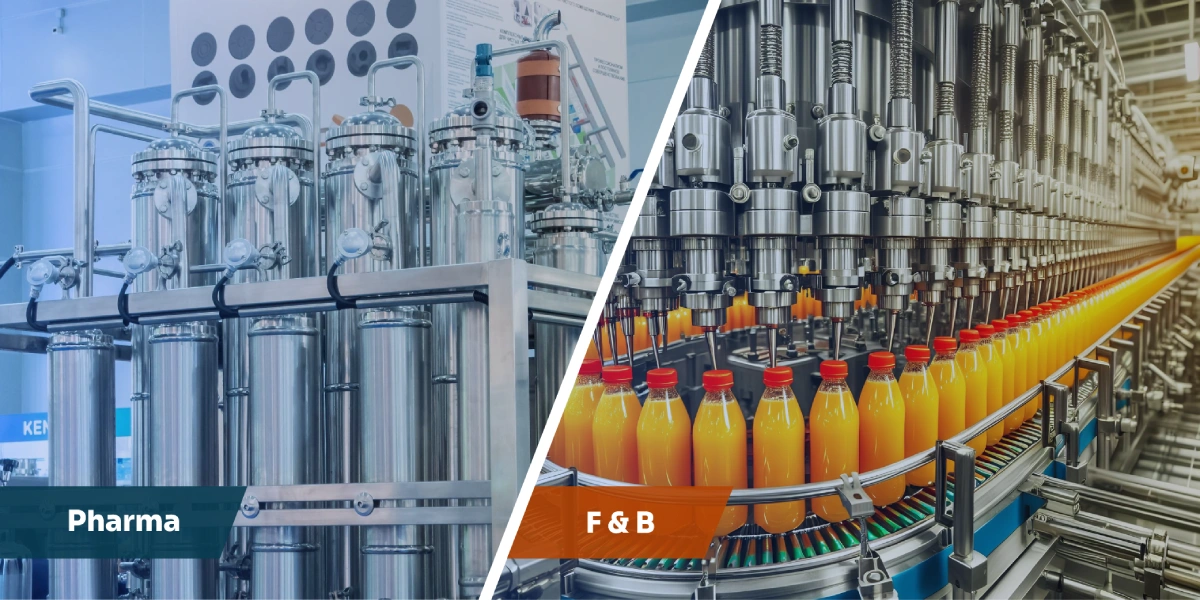 Split industrial image showcasing pharmaceutical processing equipment and a food and beverage bottling line, representing low-speed, hygiene-critical assets monitored by PlantOS™ prescriptive AI for improved reliability, compliance, and condition monitoring.