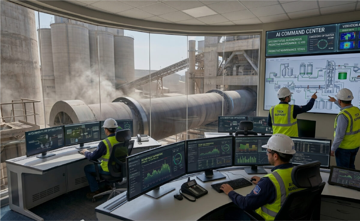 Cement plant control room with prescriptive AI analytics monitoring rotary kiln operations and emissions