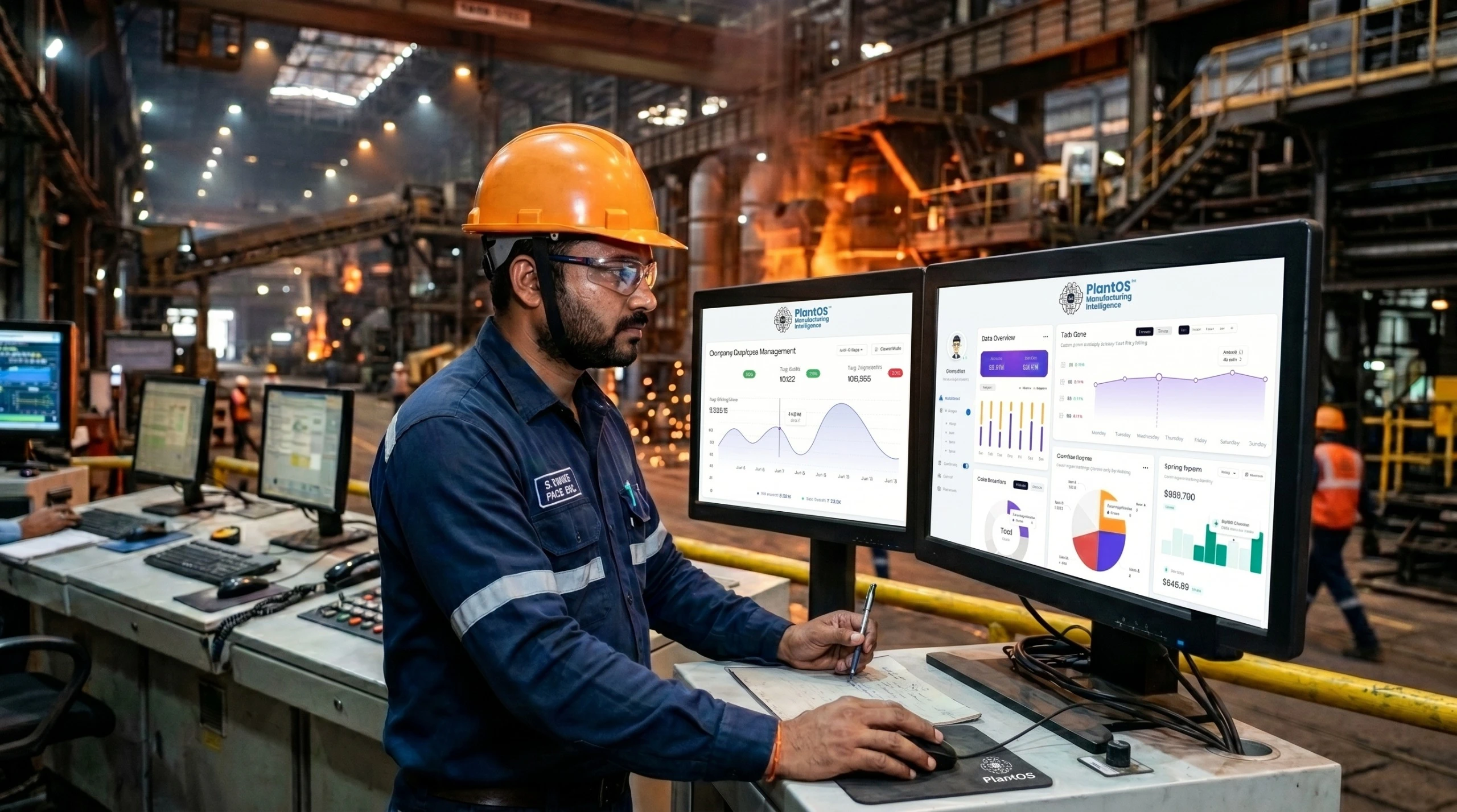 Steel plant operator in safety gear monitoring PlantOS™ manufacturing intelligence dashboard on dual screens inside an active steel mill, AI-powered condition monitoring and prescriptive maintenance in real-time plant operations.