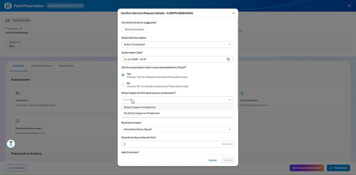 Confirm service request dialog: action completed, prescription helped predict the fault, two downtime hours saved logged against the asset.