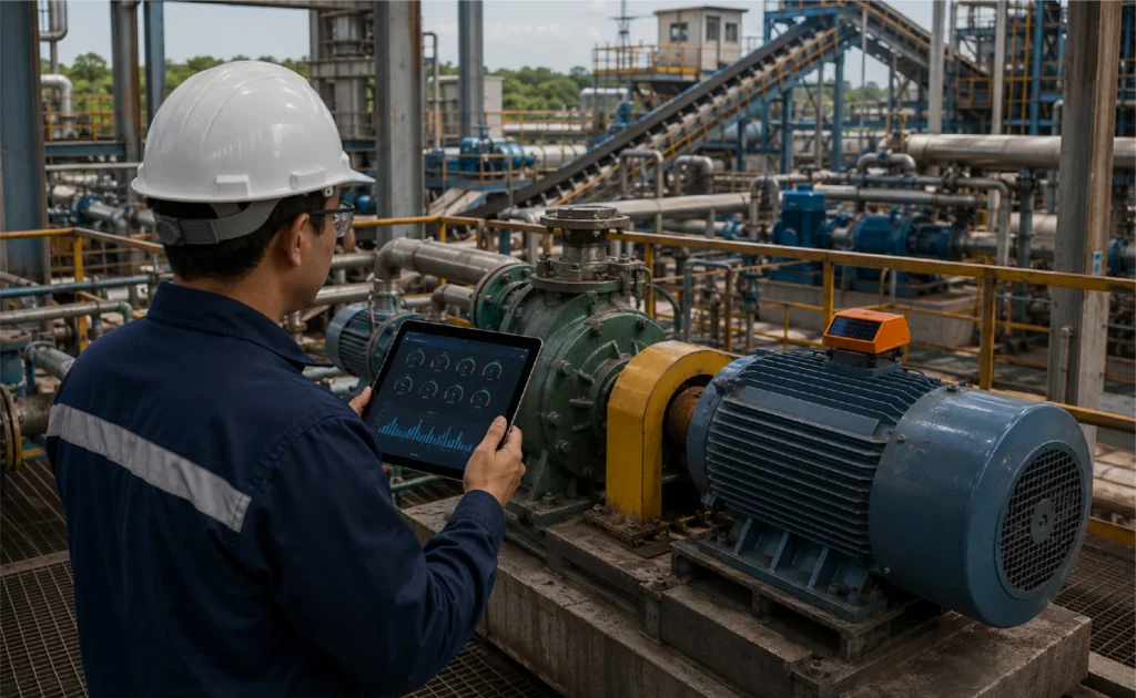 Industrial technician using a tablet to monitor pump and motor performance in a manufacturing plant
