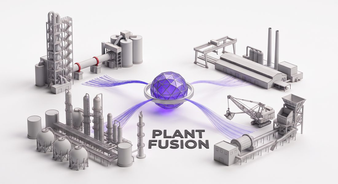 Cement, steel, oil and gas and mining sites feeding streams of data into a single glowing core labelled Plant Fusion.