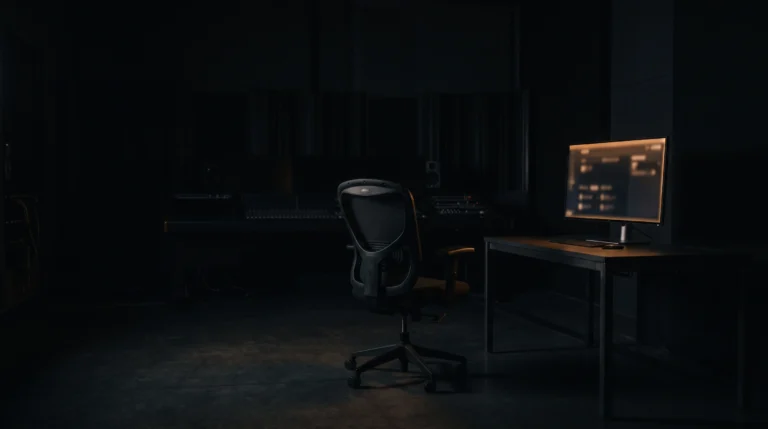 Dark modern workspace with an office chair, desk, and computer monitor displaying data analytics.