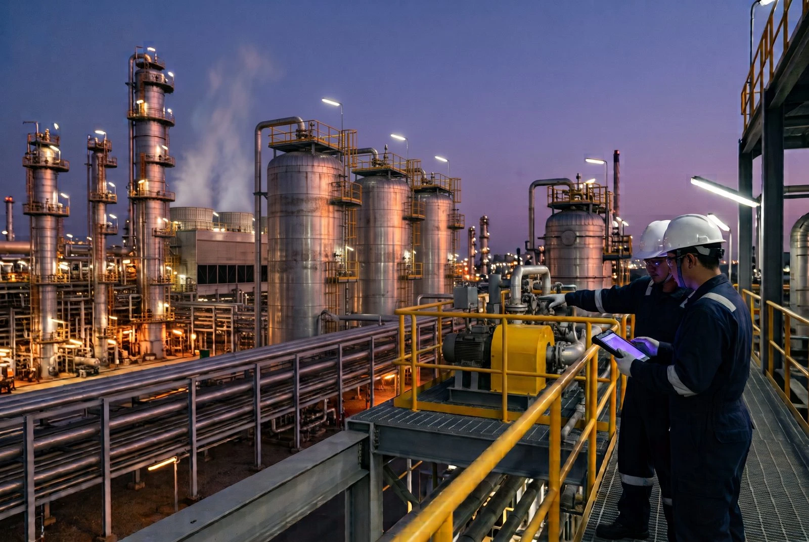 Two operators checking a pump with a tablet on a plant walkway at dusk